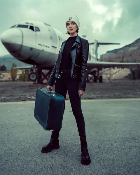 A woman in a leather jacket holding a suitcase near an airplane.